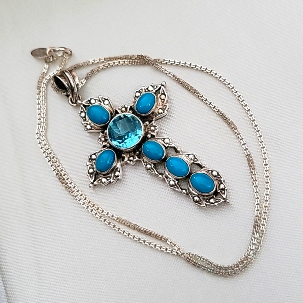 Nicky Butler Sterling Silver Cross Pendant turquoise blue topaz
